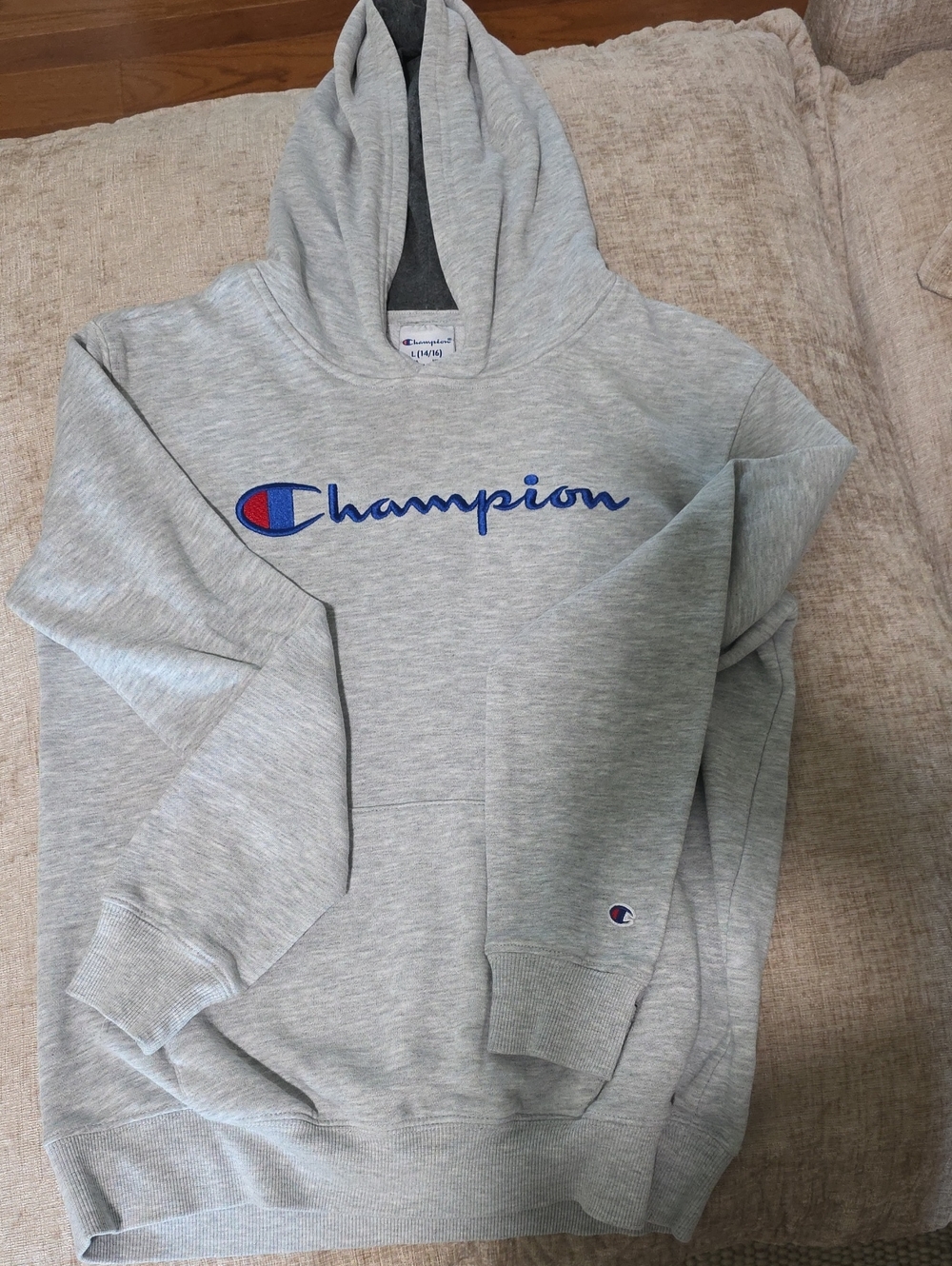 Champion Light Gray Hoodie with Blue & Red Logo